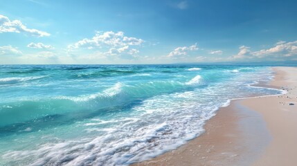 Beautiful, clean beach view with clear blue water and gentle waves under a sunny sky perfect for relaxation and enjoyment of nature's beauty