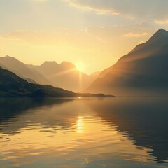 realistic serene landscape at sunrise, soft golden light over mountains and still waters