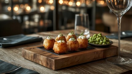 Delicious fried appetizers served on a wooden board with mushy peas