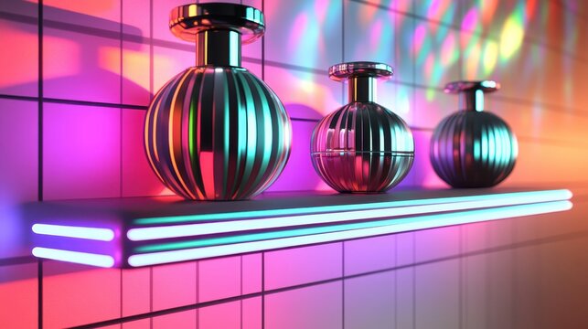 Futuristic perfume bottles on a glowing display shelf - Powered by Adobe