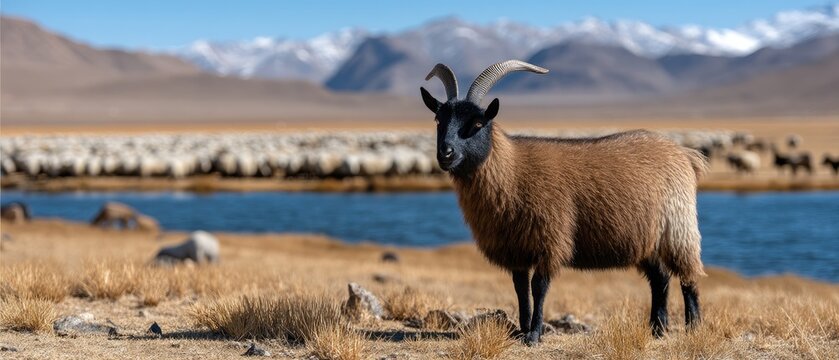 A group of white sheep and one black sheep graze peacefully by a clear lake surrounded by green hills under a blue sky