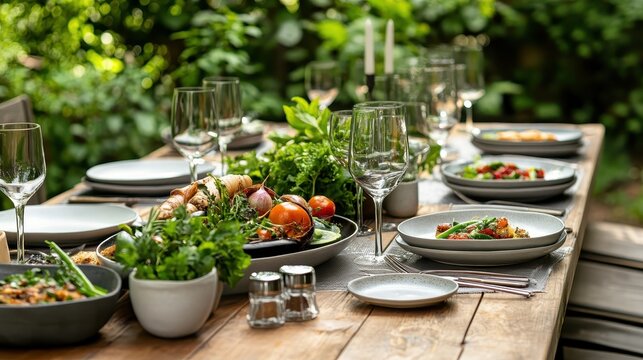 Elegant outdoor dining table with fresh vegetables and wine glasses