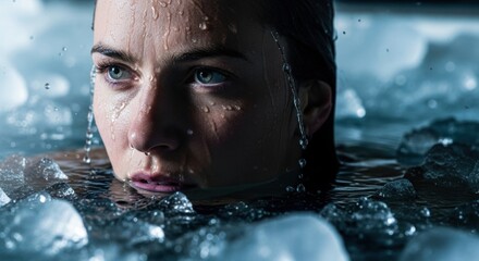face of an adult athlete enduring a cryotherapy session in an ice font. close-up highlights themes of bravery, vitality, and a commitment to a healthy lifestyle
