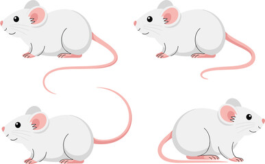 Cute Cartoon White Mouse Vector Set, Pink Tail, Lab Rat, Rodent Character, and Small Animal Illustration