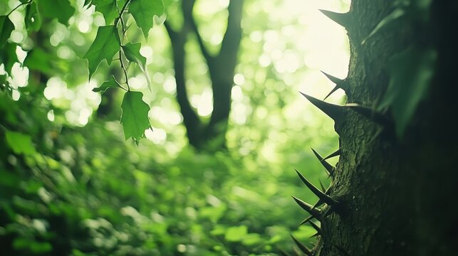 Dense thorny thicket in a sunlit forest scene