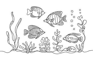 tropical fish swimming among seaweed and coral, representing ocean life, marine nature, and underwater scenery.