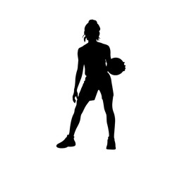 Silhouette of a female basketball player holding a ball in a dynamic pose on a white background