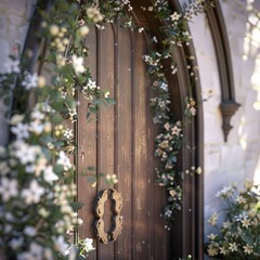 realistic close-up of a church door decorated with fresh flowers and greenery