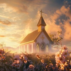 realistic church building at sunrise, soft golden light illuminating the cross on top