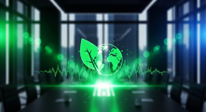Abstract Modern Office with Green Energy Concept. Dominant visual element is a glowing green holographic icon of a leaf and the planet earth. This suggests green technology, data, energy efficiency - Powered by Adobe