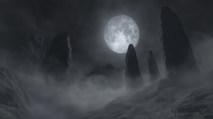 Massive stones with a full moon amidst dense rolling fog