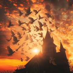 realistic silhouette of a church at sunset, flock of white doves flying in the sky