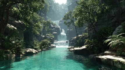 Tranquil jungle river flowing gently past lush greenery and cascading waterfalls in a serene environment perfect for relaxation and nature appreciation