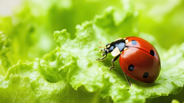 Ladybug on a fresh green lettuce leaf in detail