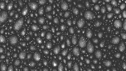 Dark gray background with scattered white circular organic textured shapes and small dots abstract black