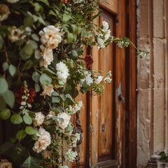 realistic close-up of a church door decorated with fresh flowers and greenery