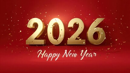 Golden 2026 numbers and happy new year text with falling confetti on a festive red background