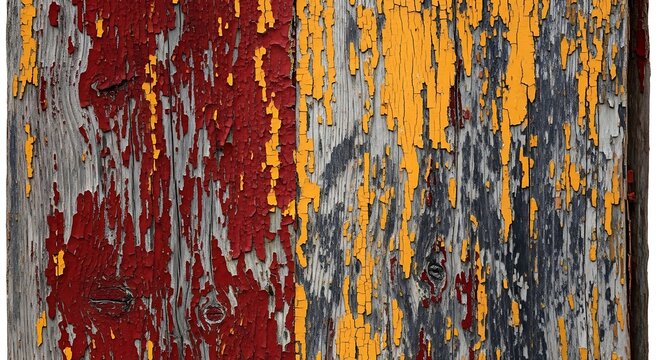 Closeup of weathered wooden surface with peeling red and yellow paint
