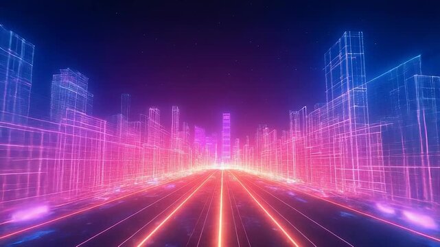 Navigating futuristic city network with glowing data highways