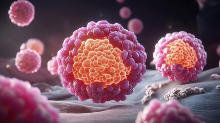 Glowing fluorescent cellular structure under microscope