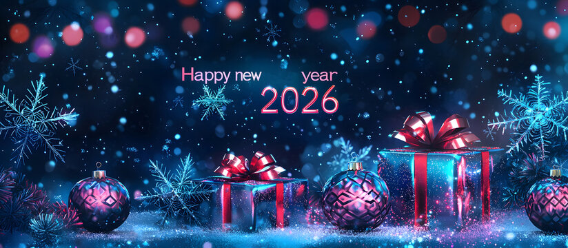 Happy New Year 2026. Holiday banner, background with 2026 numbers and text in frame with Christmas balls