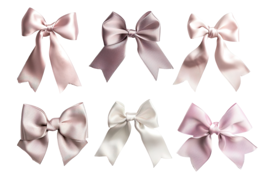 Collection of shiny satin ribbons displayed in different colors and styles on a transparent background. Perfect for gifts, crafts, or decorations, adding a classy touch to any project