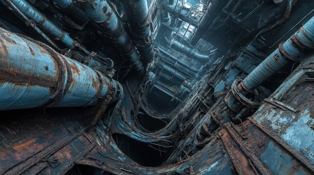 Intricate Network of Steel Pipes Showing Corrosion and Decay - Powered by Adobe