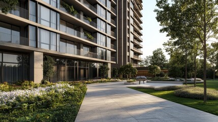 Naklejka premium Modern Apartment Building Exterior with Green Landscape Surroundings