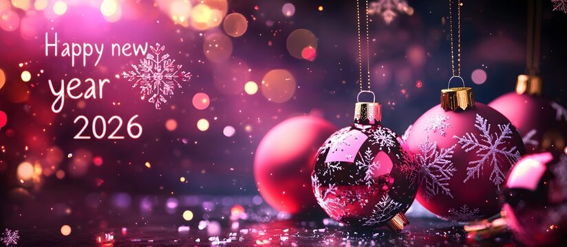 Merry Christmas and Happy New Year 2026. Holiday banner, background with golden 2026 numbers and text in frame with Christmas balls