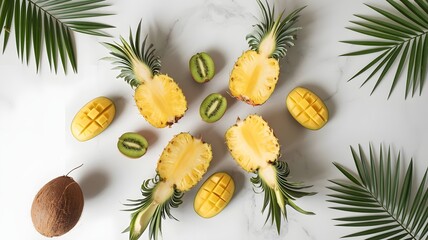 Arrangement of halved pineapples mangoes kiwis and coconut with leaves