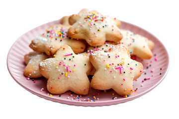 Star-shaped sugar cookies topped with icing and vibrant sprinkles sit on a pink plate, showcasing a delightful treat perfect for Christmas celebrations and gatherings
