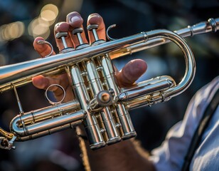 Obraz premium Close-Up of Hand Holding Gleaming Trumpet in Soft Outdoor Light