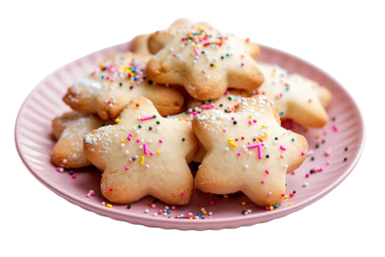 Star-shaped sugar cookies topped with icing and vibrant sprinkles sit on a pink plate, showcasing a delightful treat perfect for Christmas celebrations and gatherings
