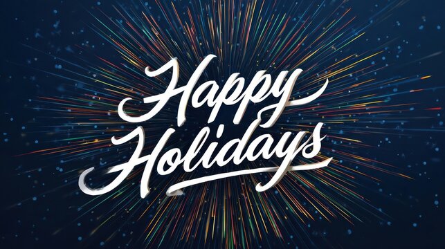 Happy holidays handwritten calligraphy with sparkling fireworks and stars on a dark blue background celebrating the new year