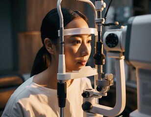 Young Woman Undergoing Eye Examination with Optical Equipment