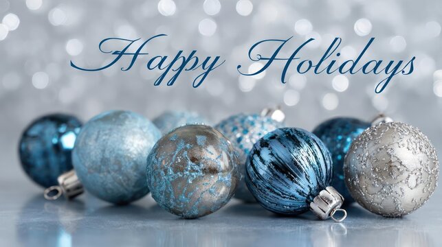 Elegant happy holidays greeting with a collection of shimmering blue and silver christmas ornaments on a bokeh background