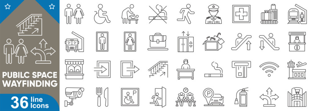 Public space wayfinding vector illustration of a set of icons. Related Information booth, restroom, toilet, family restroom, and more.