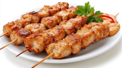Malaysian Satay Skewers on a White Plate with Appetizing Display