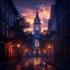 realistic city street at dusk with a church glowing softly under streetlights