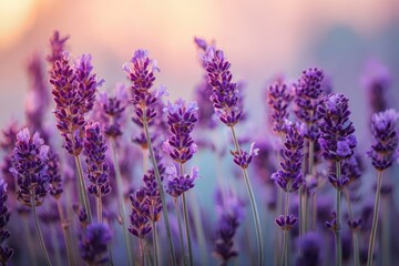 Lavender fields in vibrant purple hues exude tranquility and harmony, with long stems and soft blurred backgrounds creating a warm and cozy atmosphere of freshness and relaxation