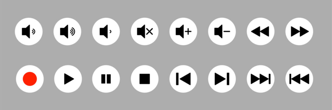 Media player button icons set. Music and video player button: play, pause, next, previous, rewind, fast forward and previous. Action media symbol for app and websites, UI template. Vector illustration