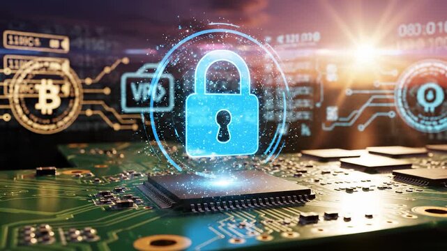 A digital padlock appears above a circuit board symbolizing cybersecurity and protection in the technology realm. This padlock signifies the need for security in digital transactio - Powered by Adobe