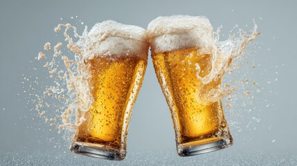 Cheers and celebration captured with two beer glasses toasting, foamy splashes creating a joyful moment of friendship and good times