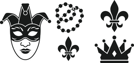 Mardi Gras basic glyph set. Vector pictograms of mask, beads, fleur-de-lis, crown, simple solid silhouette illustration.