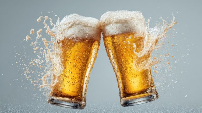 Cheers and celebration captured with two beer glasses toasting, foamy splashes creating a joyful moment of friendship and good times - Powered by Adobe