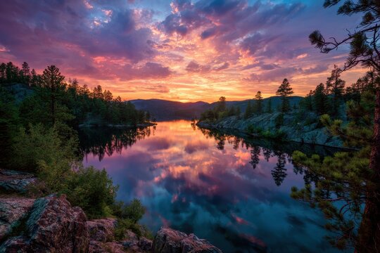 Scenic sunset landscape with water reflecting vibrant hues, trees lining the shore, tranquil atmosphere boosted by surrounding hills and rocky edges, ideal for nature enthusiasts and photographers