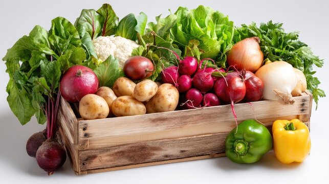 A wooden crate filled with ripe orange tomatoes and fresh green lettuce showcases the beauty of harvested vegetables