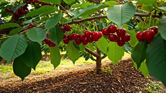 Clusters of luscious red cherries dangle from a tree branch in a sun kissed orchard. A depiction of sustainable practices in organic fruit farming and the bountiful harvest season