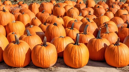Many vibrant orange pumpkins in a field of harvest