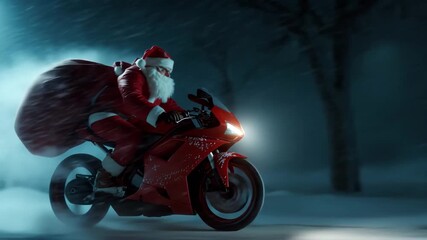 Santa Claus racing on red sports motorcycle in snowstorm night, fast Christmas delivery in winter blizzard scene - Powered by Adobe